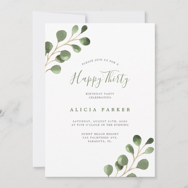 Convites Elegante eucalipto deixa aniversário de 30 anos (Frente)
