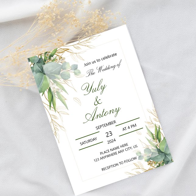 Convites Elegante Eucalipto Verde Dourado Botânico (Green leaves modern botanical formal wedding invitation)