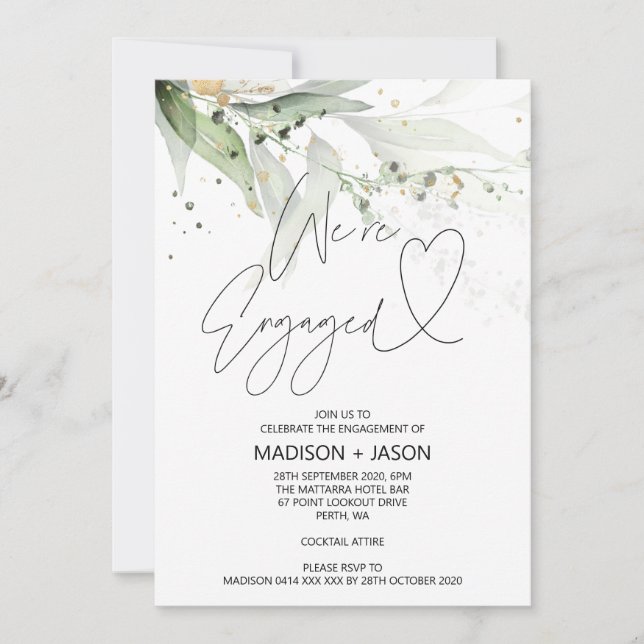 Convites Elegante Eucalipto Verde Nos envolvemos em Noivado (Frente)