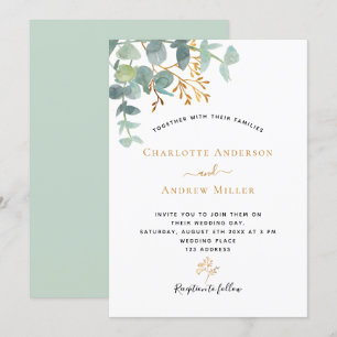 Convites Elegante eucalipto verde ouro casamento moderno
