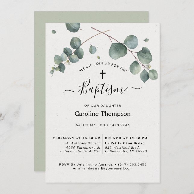 Convites Elegante Eucalyptus Baptism (Frente/Verso)