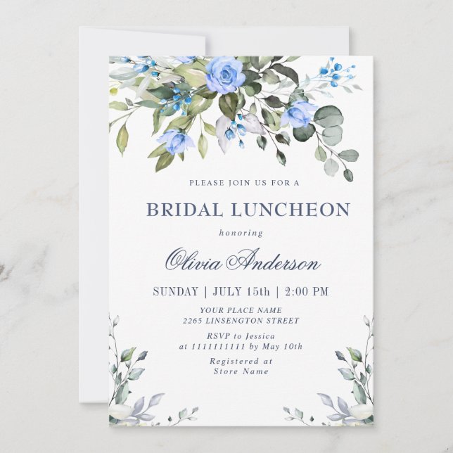 Convites Elegante Eucalyptus Blue Rosa BRIDAL LUNCHEON (Frente)