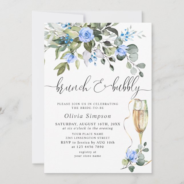 Convites Elegante Eucalyptus Blue Rosa Brunch e Bubble (Frente)