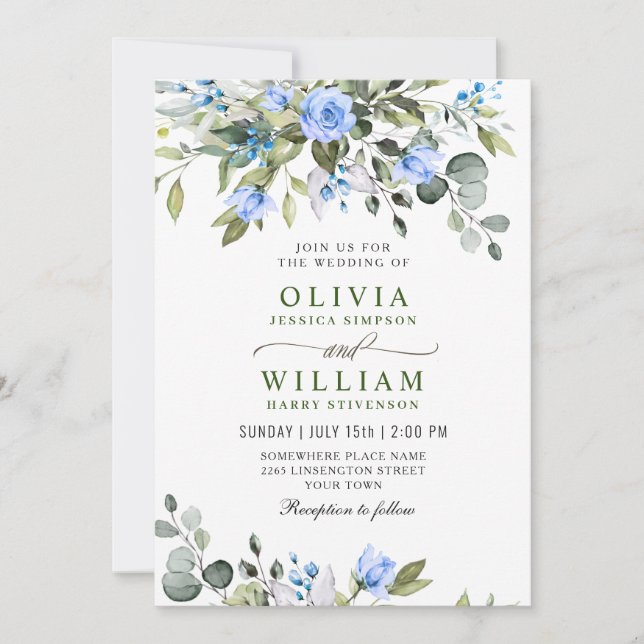 Convites Elegante Eucalyptus Blue Rosa Casamento Verde (Frente)