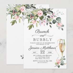 Convites Elegante Eucalyptus Blush Rosa Brunch e Bubble