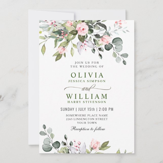 Convites Elegante Eucalyptus Blush Rosas Casamento Verde (Frente)