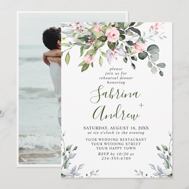 Convites Elegante Eucalyptus Blush Rosas JANTO REHEARSAL (Frente/Verso)