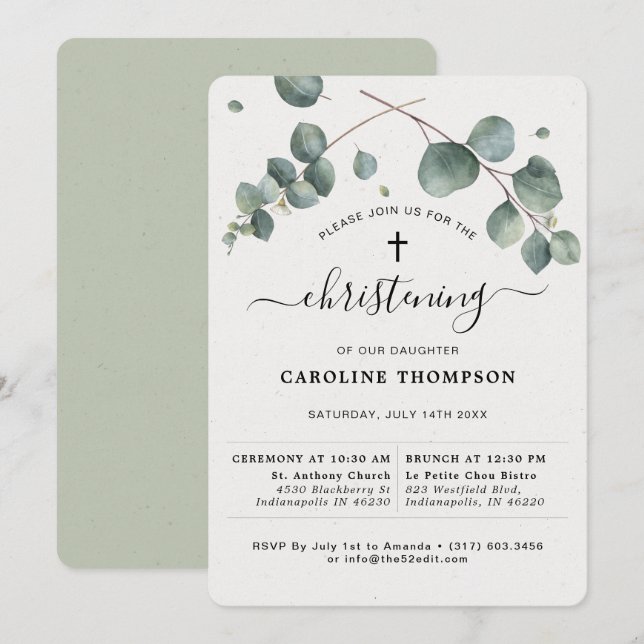 Convites Elegante Eucalyptus Christening (Frente/Verso)