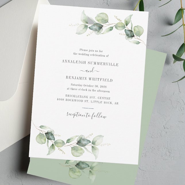 Convites Elegante Eucalyptus Deixa Casamento Russo Verde (Eucalyptus Greenery Watercolor Wedding Invitation)