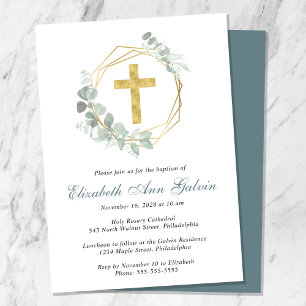 Convites Elegante Eucalyptus Dourado Cross Script Baptism
