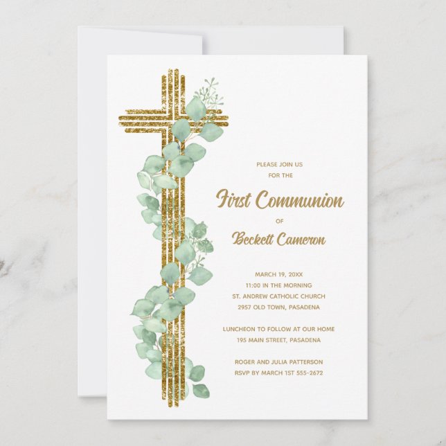 Convites Elegante Eucalyptus e Cross First Communes (Frente)