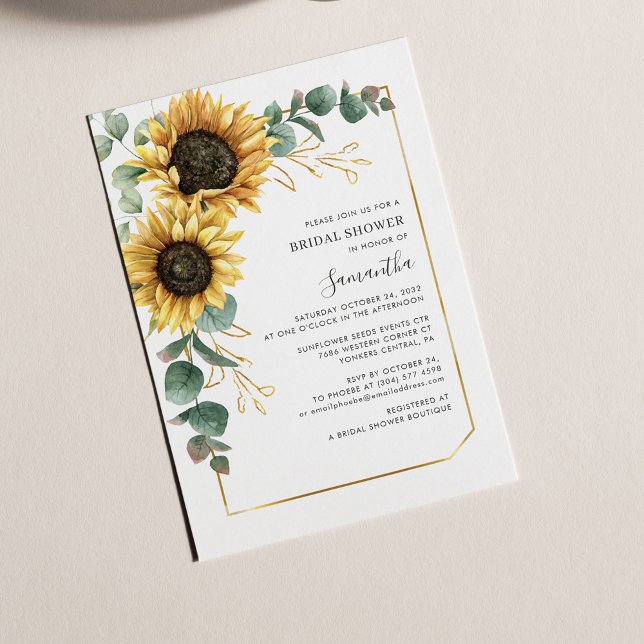 Convites Elegante Eucalyptus Floral Sunflower Chá de panela (Watercolor Sunflower Eucalyptus Bridal Shower Invitation)