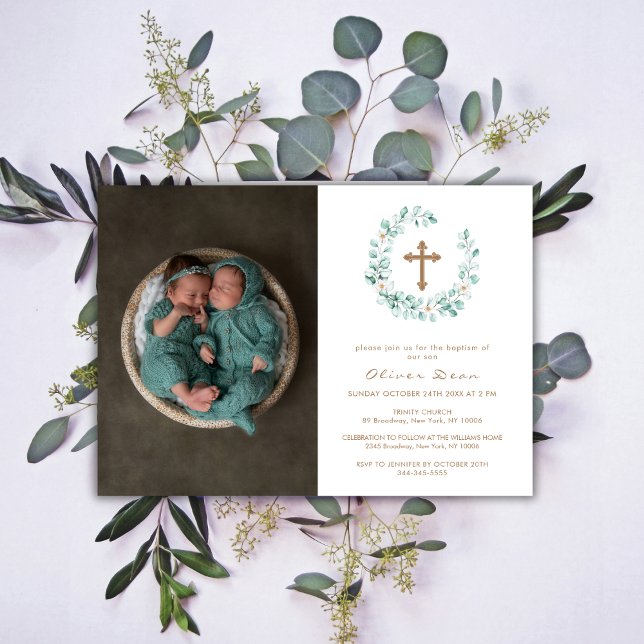 Convites Elegante Eucalyptus Foto Dourada Cross Baptism (Elegant Eucalyptus Photo Gold Cross Baptism Invitation)