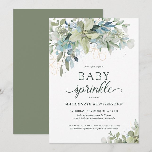 Convites Elegante Eucalyptus Greenery Baby Sprinkle (Frente/Verso)