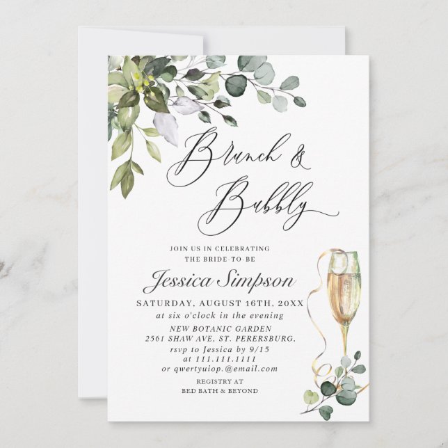 Convites Elegante Eucalyptus Greenery Brunch e Bubble (Frente)