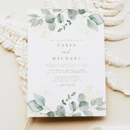 Convites Elegante Eucalyptus Greenery e Dourado Casamento