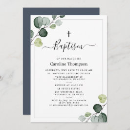 Convites Elegante Eucalyptus Greenery Marinho Baptism