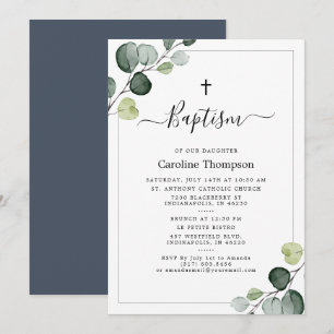 Convites Elegante Eucalyptus Greenery Marinho Baptism