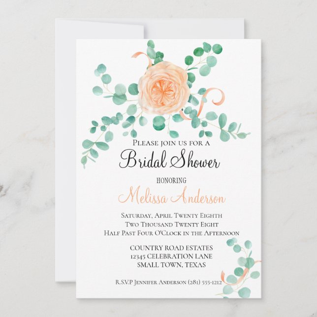 Convites Elegante Eucalyptus Greenery Peach Floral (Frente)