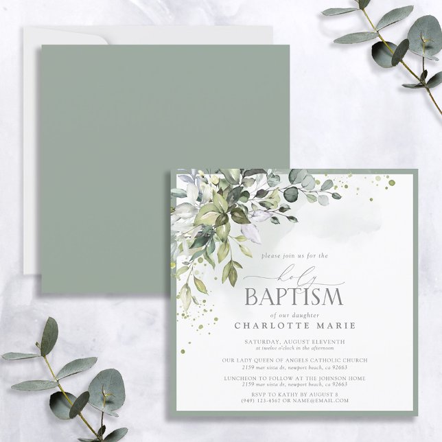 Convites Elegante Eucalyptus Greenery Watercolor Baptism (Criador carregado)
