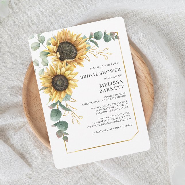 Convites Elegante Eucalyptus Sunflower Chá de panela (Floral Sunflower Eucalyptus Watercolor Bridal Shower Invitation)