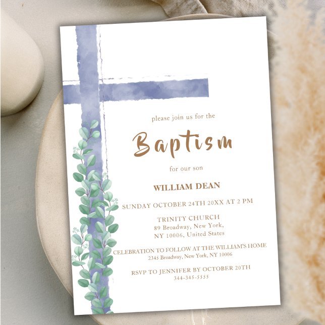 Convites Elegante Eucalyptus Watercolor Cross Boy Baptism (Elegant Eucalyptus Watercolor Cross Boy Baptism Invitation)