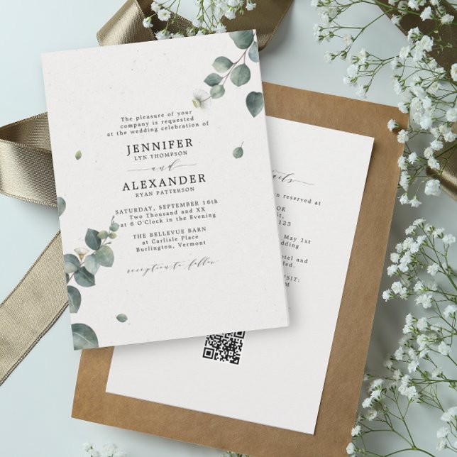 Convites Elegante Eucalyptus Wedding All in One RSVP Código (Criador carregado)
