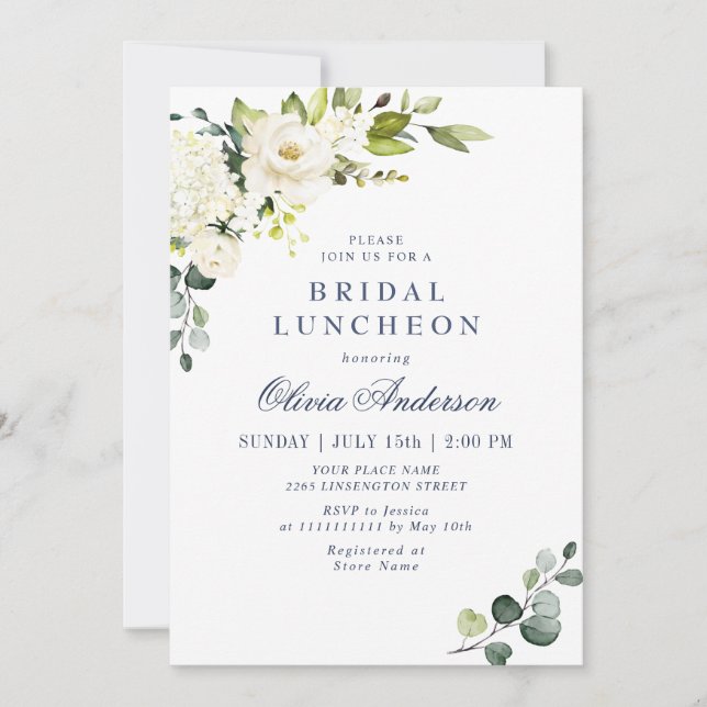 Convites Elegante Eucalyptus White Roses BRIDAL LUNCHEON (Frente)