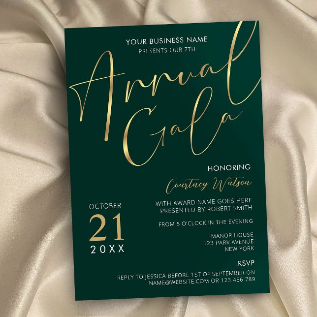 Convites Elegante Evento Anual da Empresa Verde e Dourado G (Emerald green and faux gold business annual gala night invitation with elegant script fonts)