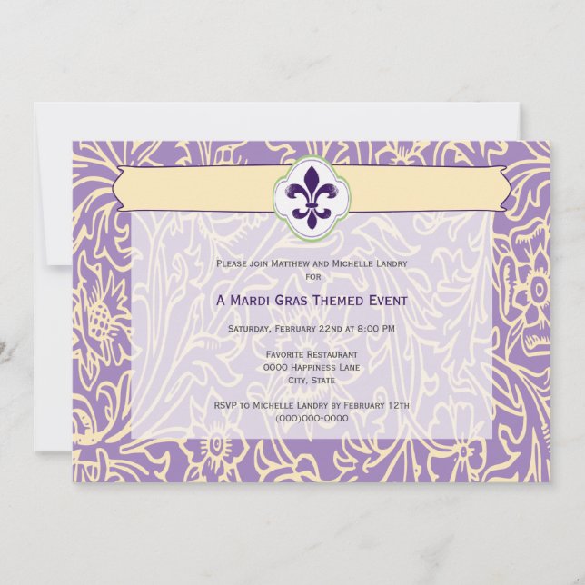 Convites Elegante evento Mardi Gras Fleur de Lis (Frente)