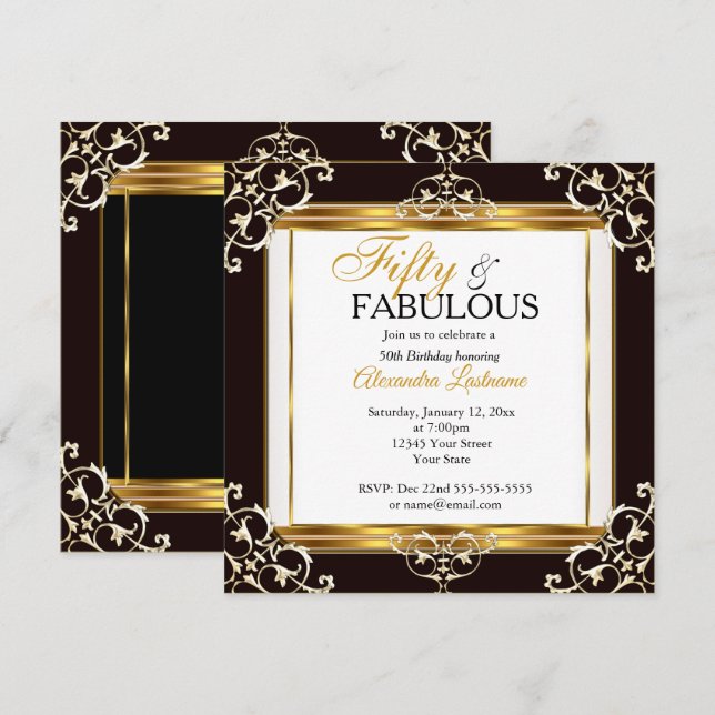 Convites Elegante Fabuloso Dourado Branco Branco 50º aniver (Frente/Verso)