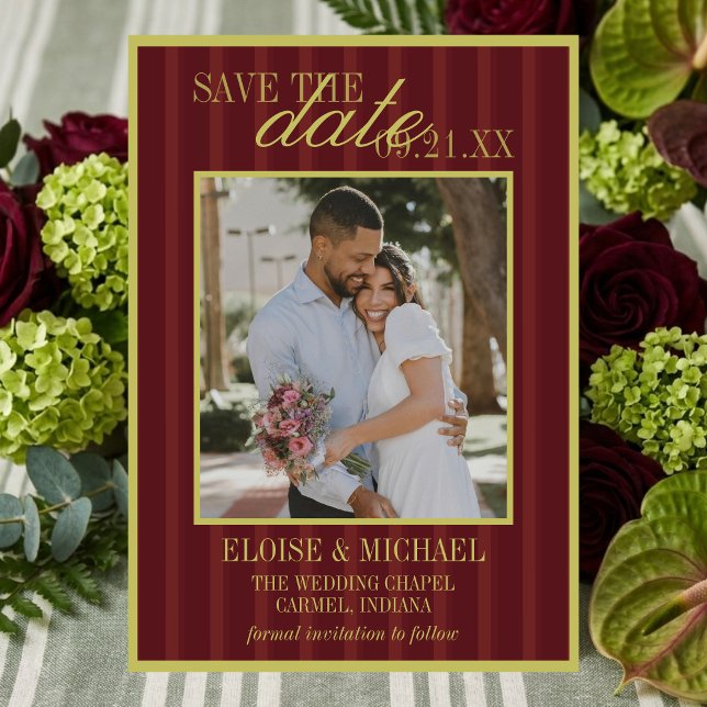 Convites Elegante Faixa Verde-Limão Borgonha Salve a Data (Elegant Stripe Chartreuse Burgundy Save the Date Invitation)