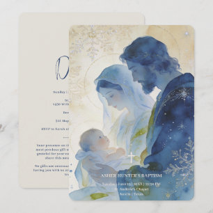 Convites Elegante Família Santa Azul Batismo Cristão LPM26