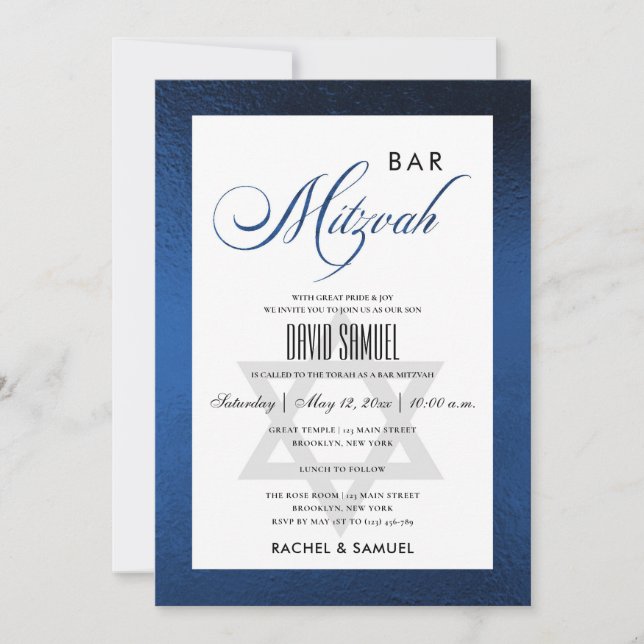 CONVITES ELEGANTE FAUX AZUL SIMPLES BAR BAT MITZVAH (Frente)