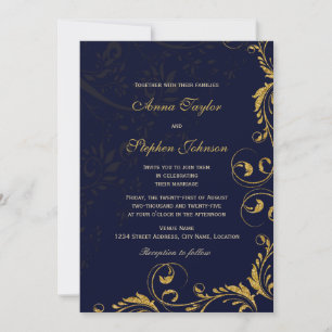 Convites Elegante Faux Dourado Glitter Floral Swirls Marinh