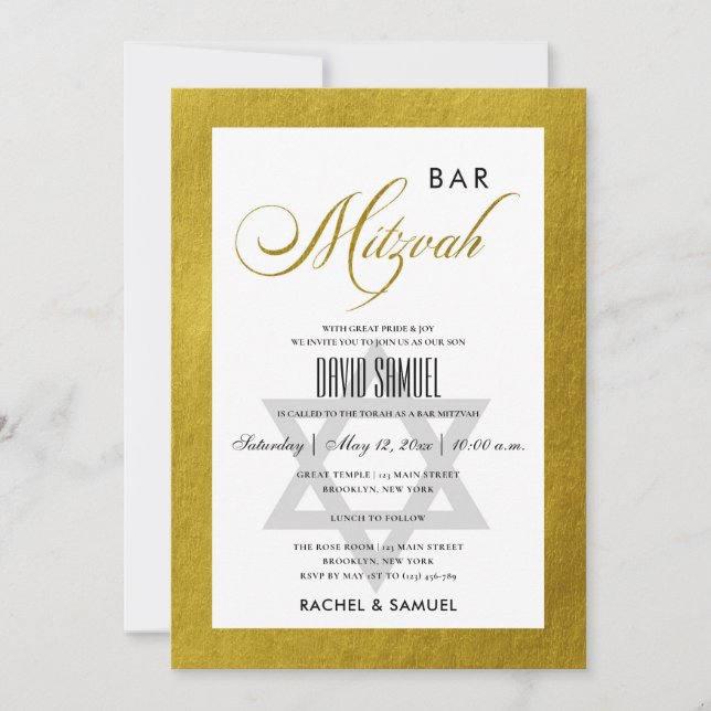 CONVITES ELEGANTE FAUX DOURADO SIMPLES BAR BAT MITZVAH (Frente)