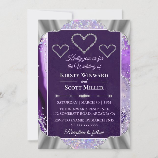 Convites Elegante Faux Holo Brilho Agata Roxo Casamento (Frente)