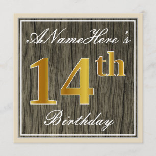 Convites Elegante, Faux Wood, Faux Dourada 14 Birthday + No