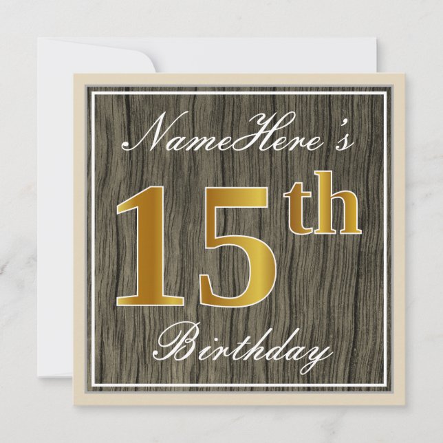 Convites Elegante, Faux Wood, Faux Dourada 15 Birthday + No (Frente)