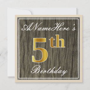Convites Elegante, Faux Wood, Faux Dourada 5 Birthday + Nom