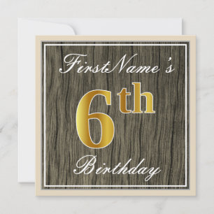 Convites Elegante, Faux Wood, Faux Dourada 6 Birthday + nom