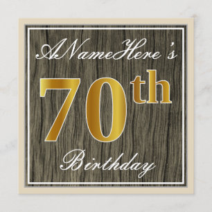 Convites Elegante, Faux Wood, Faux Dourada 70 Birthday + No