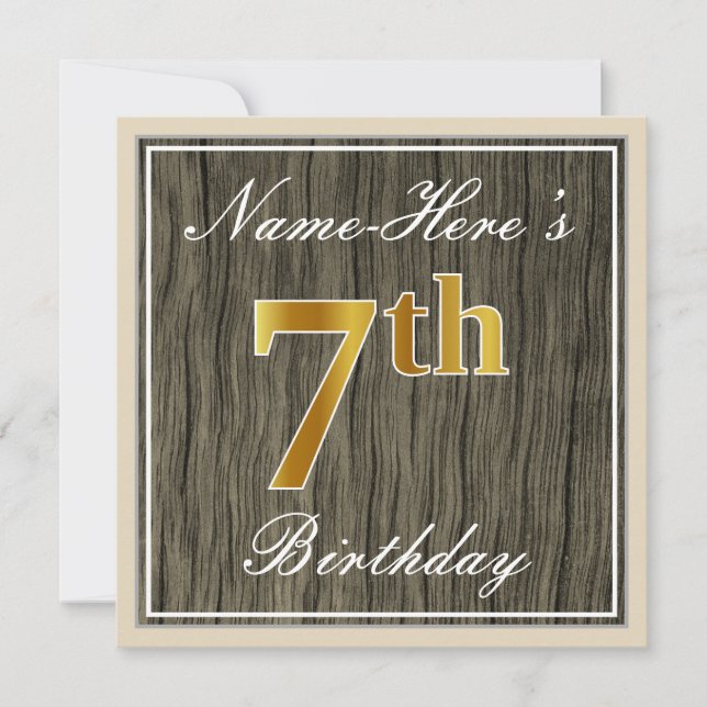 Convites Elegante, Faux Wood, Faux Dourada 7 Birthday + Nom (Frente)