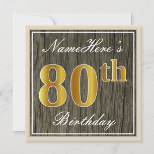 Convites Elegante, Faux Wood, Faux Dourada 80 Birthday + No