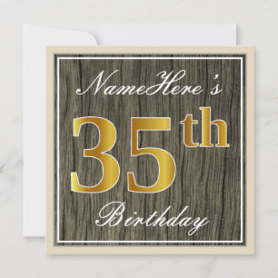 Convites Elegante, Faux Wood, Faux Dourado 35.º Aniversário