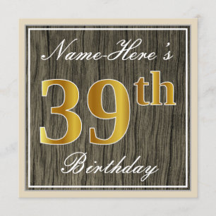 Convites Elegante, Faux Wood, Faux Dourado 39º Aniversári