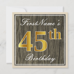 Convites Elegante, Faux Wood, Faux Dourado 45º Aniversári