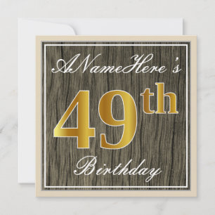 Convites Elegante, Faux Wood, Faux Dourado 49º Aniversári