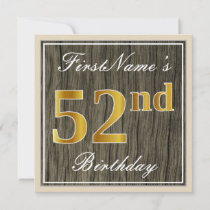 Convites Elegante, Faux Wood, Faux Dourado 52º Aniversári