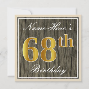 Convites Elegante, Faux Wood, Faux Dourado 68.º Aniversário